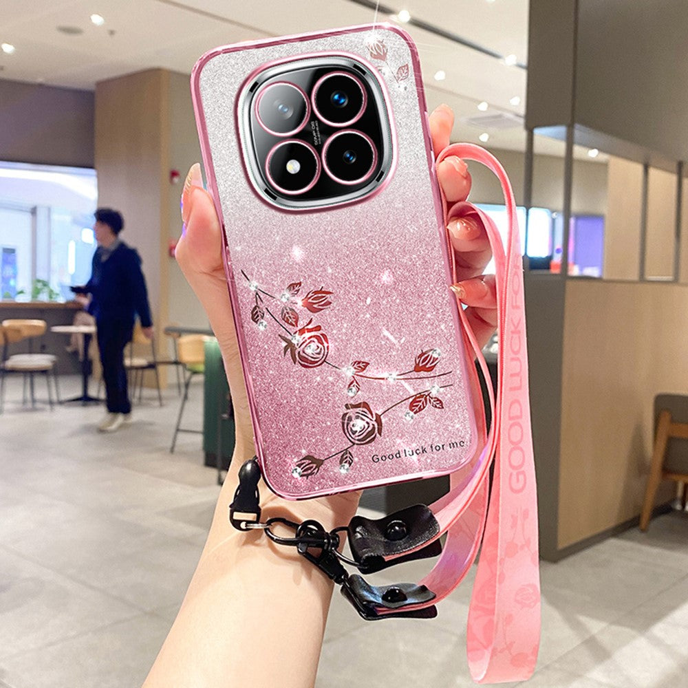 KADEM For Xiaomi Redmi Note 14 Pro+ 5G Case Flower Pattern TPU Gradient Phone Cover with Lanyards