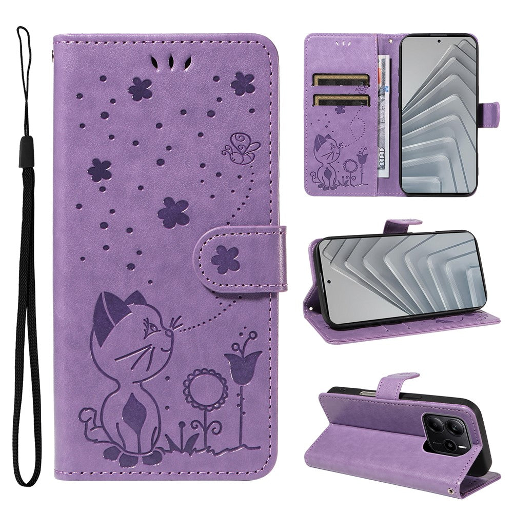 For Xiaomi Redmi Note 14 4G (164.84mm) Leather Case Cat Bee Pattern Phone Cover Wallet Stand with Strap