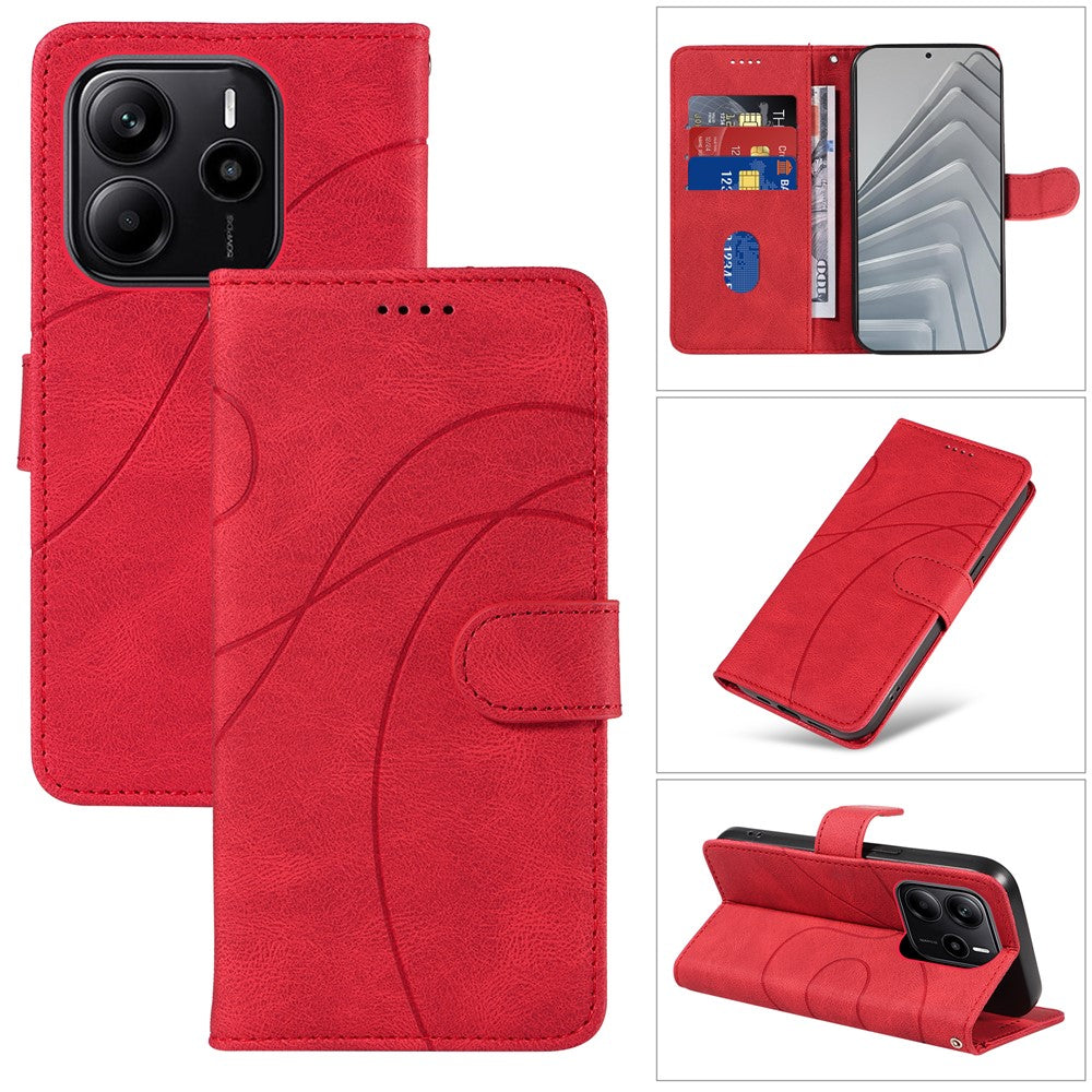 For Xiaomi Redmi Note 14 4G (164.84mm) Wallet Case Leather Phone Cover Stand with Curved Line Design