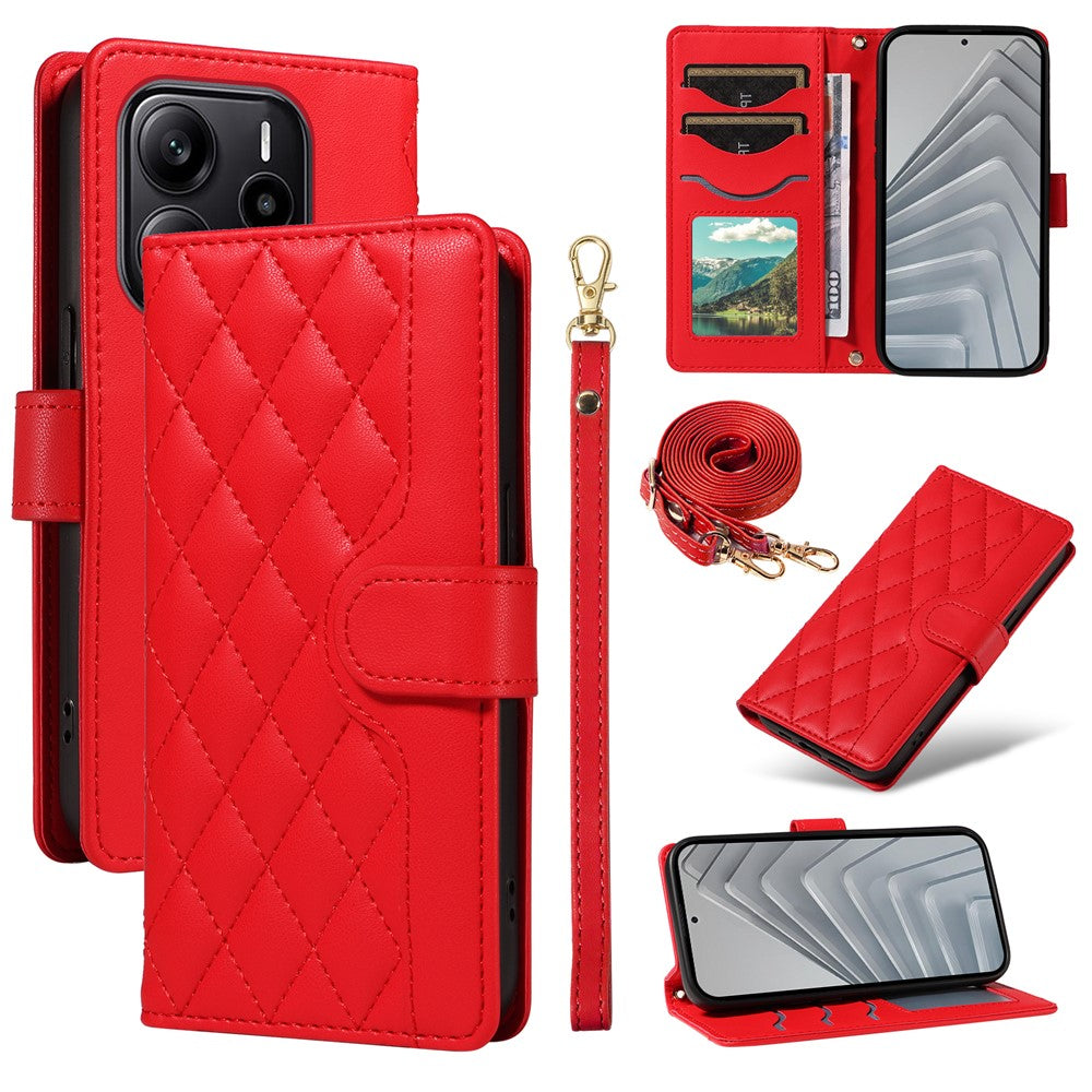For Xiaomi Redmi Note 14 4G (164.84mm) Wallet Case Rhombus Leather Phone Cover with Strap