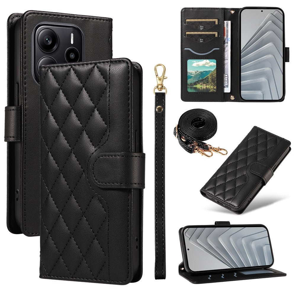 For Xiaomi Redmi Note 14 4G (164.84mm) Wallet Case Rhombus Leather Phone Cover with Strap