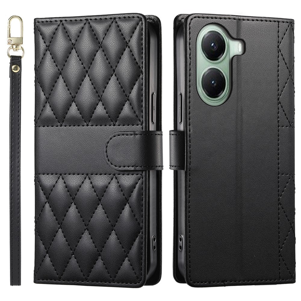 For Xiaomi Poco X7 Pro 5G  /  Redmi Turbo 4 5G Case Rhombus Stitching Wallet Stand Leather Phone Cover with Long  /  Short Strap