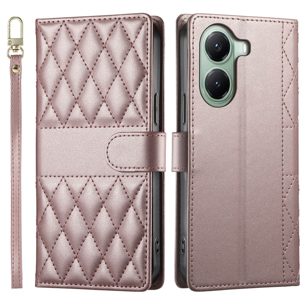 For Xiaomi Poco X7 Pro 5G  /  Redmi Turbo 4 5G Case Rhombus Stitching Wallet Stand Leather Phone Cover with Long  /  Short Strap
