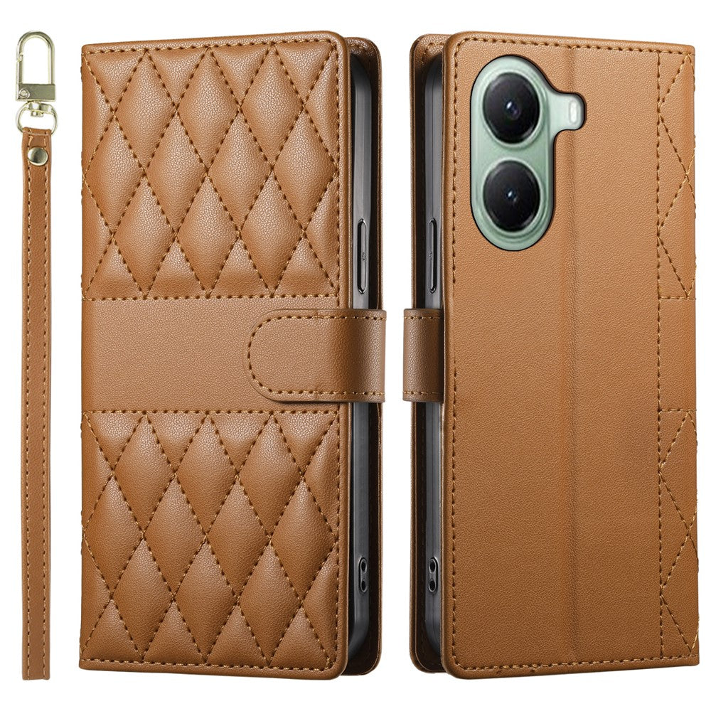 For Xiaomi Poco X7 Pro 5G  /  Redmi Turbo 4 5G Case Rhombus Stitching Wallet Stand Leather Phone Cover with Long  /  Short Strap