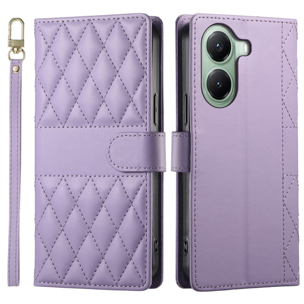 For Xiaomi Poco X7 Pro 5G  /  Redmi Turbo 4 5G Case Rhombus Stitching Wallet Stand Leather Phone Cover with Long  /  Short Strap
