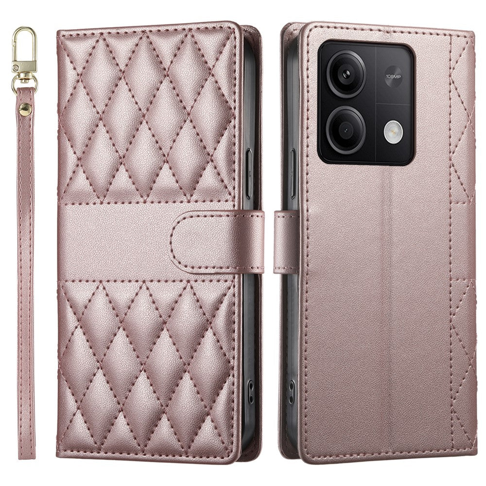 For Xiaomi Redmi Note 13 5G Case Rhombus Stitching Wallet Stand Leather Phone Cover with Long  /  Short Strap