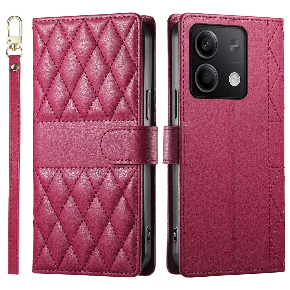 For Xiaomi Redmi Note 13 5G Case Rhombus Stitching Wallet Stand Leather Phone Cover with Long  /  Short Strap