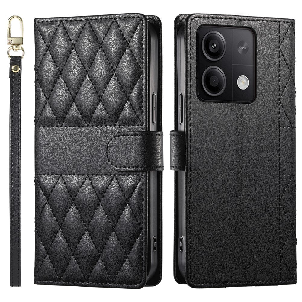 For Xiaomi Redmi Note 13 5G Case Rhombus Stitching Wallet Stand Leather Phone Cover with Long  /  Short Strap