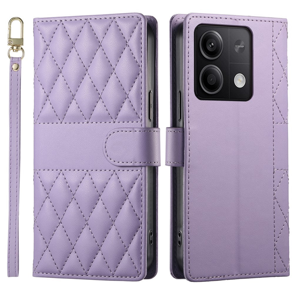 For Xiaomi Redmi Note 13 5G Case Rhombus Stitching Wallet Stand Leather Phone Cover with Long  /  Short Strap