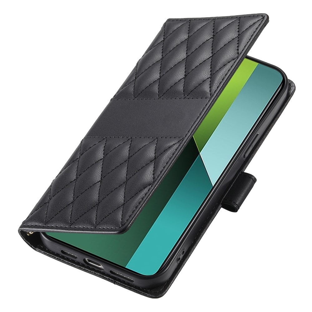 For Xiaomi Redmi Note 13 Pro 5G Case Rhombus Stitching Wallet Stand Leather Phone Cover with Long  /  Short Strap
