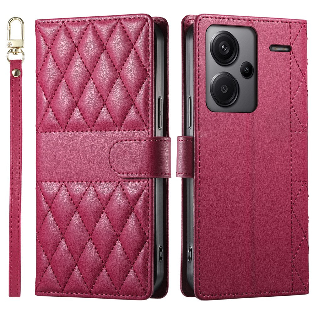 For Xiaomi Redmi Note 13 Pro+ 5G Case Rhombus Stitching Wallet Stand Leather Phone Cover with Long  /  Short Strap
