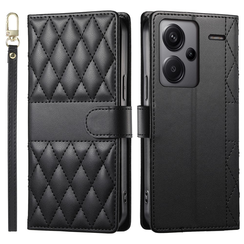 For Xiaomi Redmi Note 13 Pro+ 5G Case Rhombus Stitching Wallet Stand Leather Phone Cover with Long  /  Short Strap