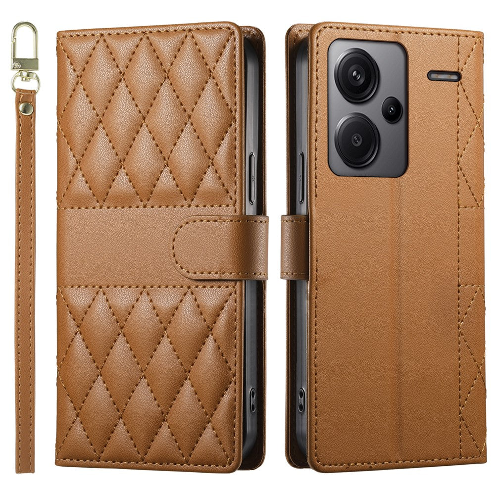For Xiaomi Redmi Note 13 Pro+ 5G Case Rhombus Stitching Wallet Stand Leather Phone Cover with Long  /  Short Strap