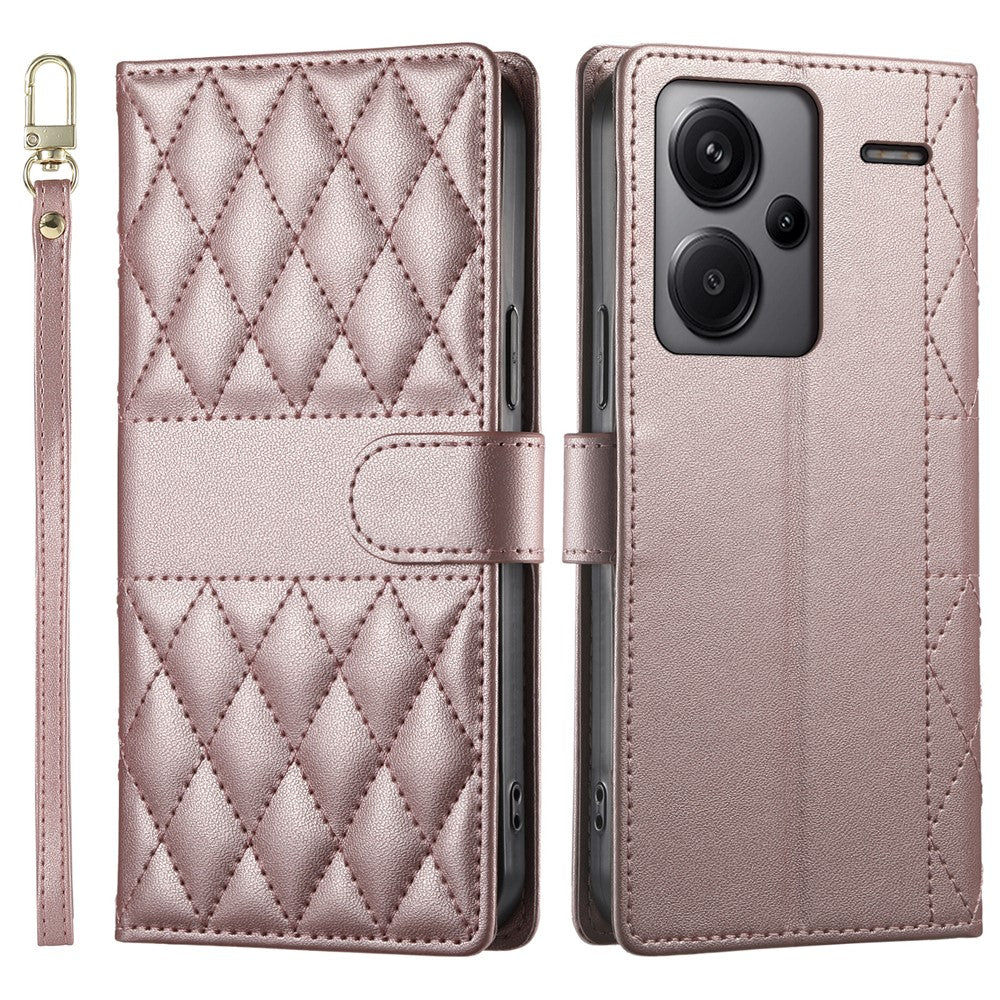 For Xiaomi Redmi Note 13 Pro+ 5G Case Rhombus Stitching Wallet Stand Leather Phone Cover with Long  /  Short Strap