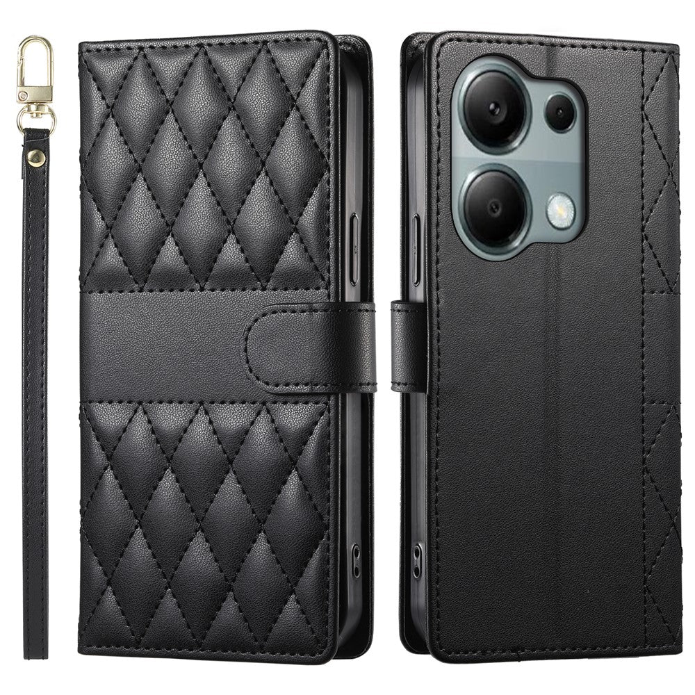 Xiaomi Redmi Note 13 Pro 4G / Poco M6 Pro 4G-skal med rhombus-sömmar, plånboksställ, lädermobilskal med lång/kort rem
