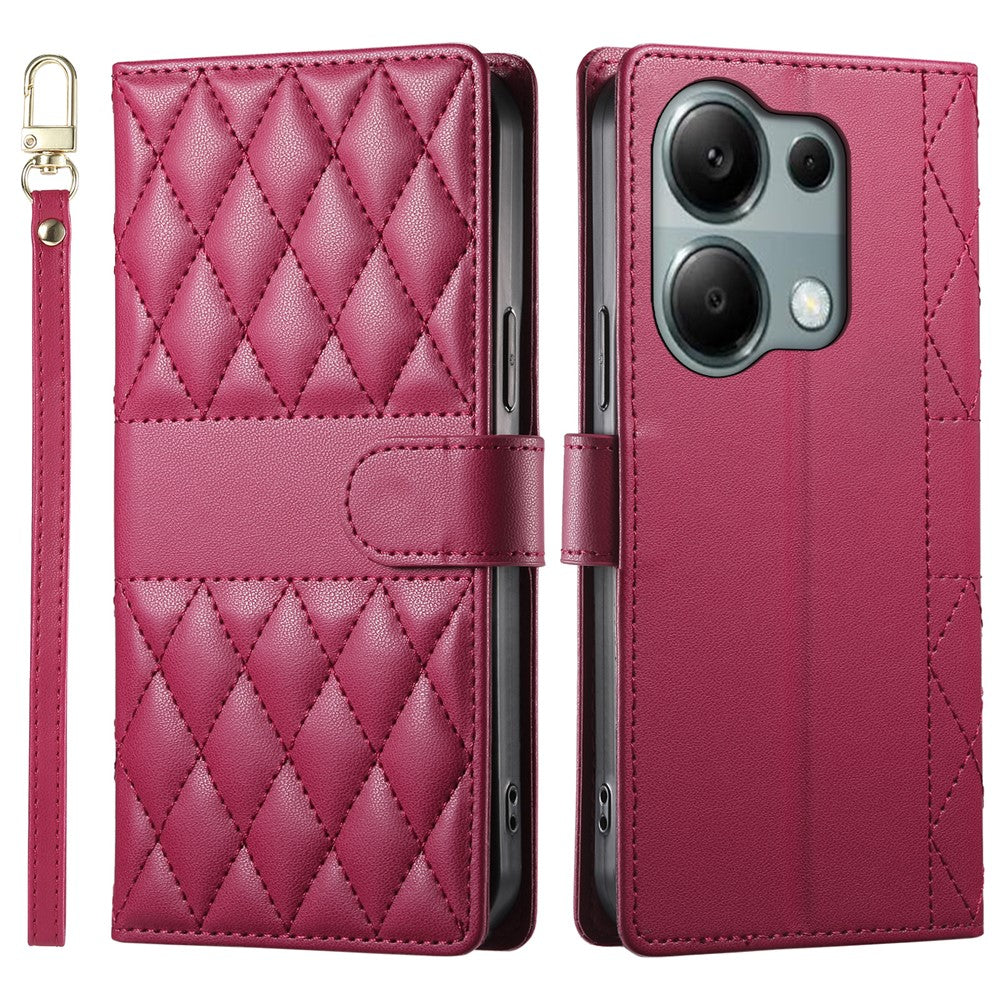 For Xiaomi Redmi Note 13 Pro 4G  /  Poco M6 Pro 4G Case Rhombus Stitching Wallet Stand Leather Phone Cover with Long  /  Short Strap
