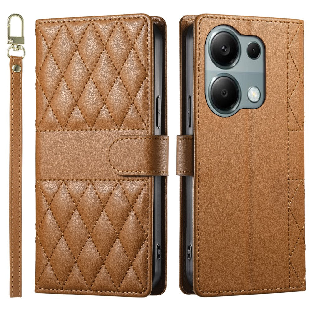 For Xiaomi Redmi Note 13 Pro 4G  /  Poco M6 Pro 4G Case Rhombus Stitching Wallet Stand Leather Phone Cover with Long  /  Short Strap