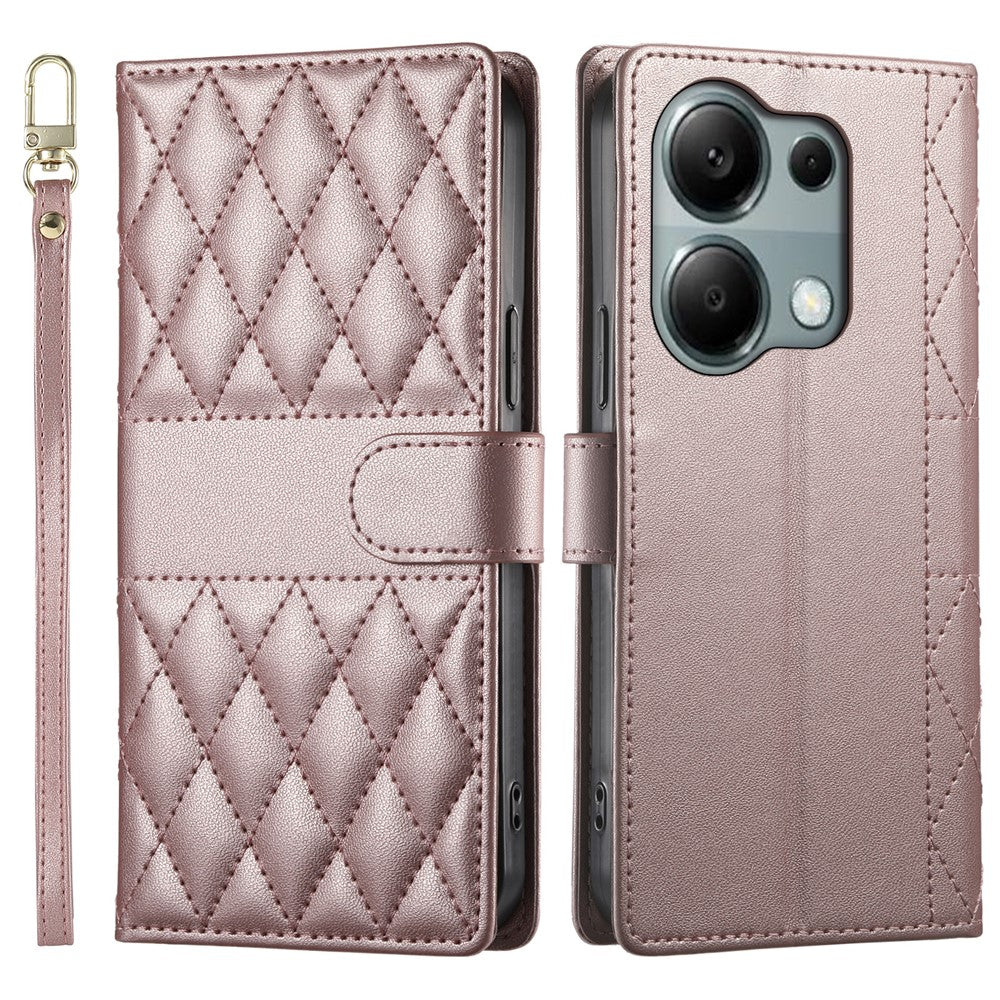 Xiaomi Redmi Note 13 Pro 4G / Poco M6 Pro 4G-mobilcover i læder med rombesyninger, pung, støttefunktion og lang/kort rem