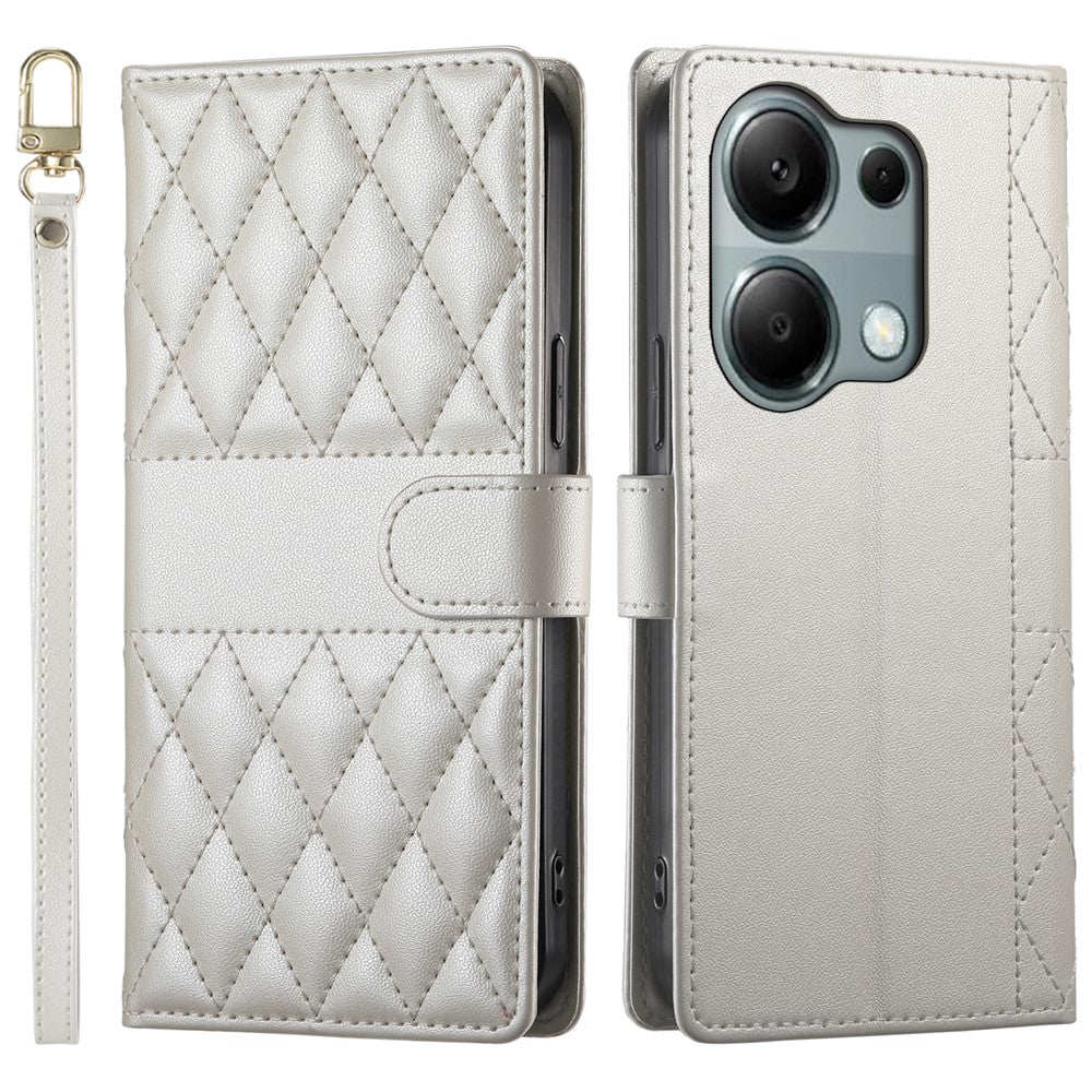 For Xiaomi Redmi Note 13 Pro 4G  /  Poco M6 Pro 4G Case Rhombus Stitching Wallet Stand Leather Phone Cover with Long  /  Short Strap
