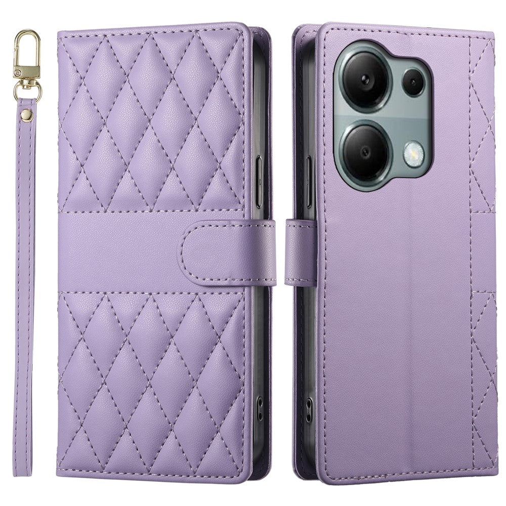 For Xiaomi Redmi Note 13 Pro 4G  /  Poco M6 Pro 4G Case Rhombus Stitching Wallet Stand Leather Phone Cover with Long  /  Short Strap