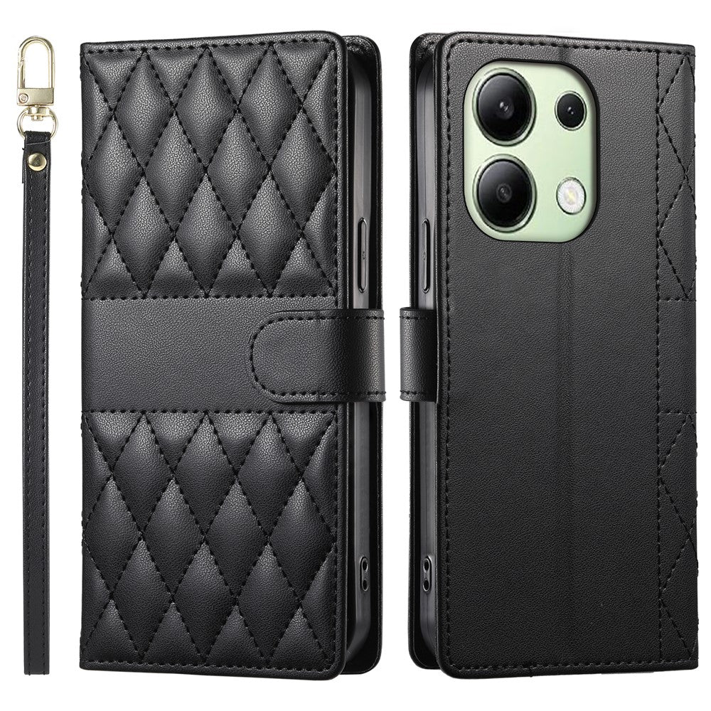 For Xiaomi Redmi Note 13 4G Case Rhombus Stitching Wallet Stand Leather Phone Cover with Long  /  Short Strap