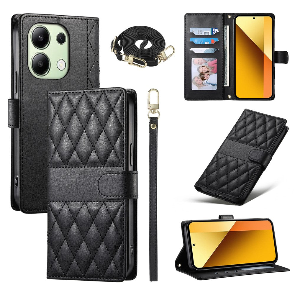 For Xiaomi Redmi Note 13 4G Case Rhombus Stitching Wallet Stand Leather Phone Cover with Long  /  Short Strap