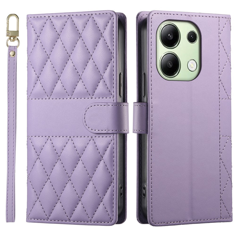 For Xiaomi Redmi Note 13 4G Case Rhombus Stitching Wallet Stand Leather Phone Cover with Long  /  Short Strap