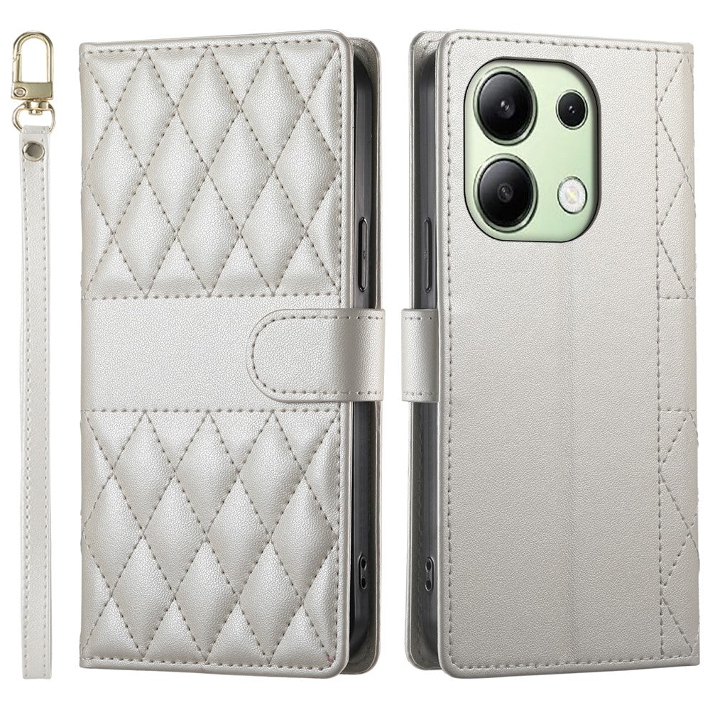 For Xiaomi Redmi Note 13 4G Case Rhombus Stitching Wallet Stand Leather Phone Cover with Long  /  Short Strap