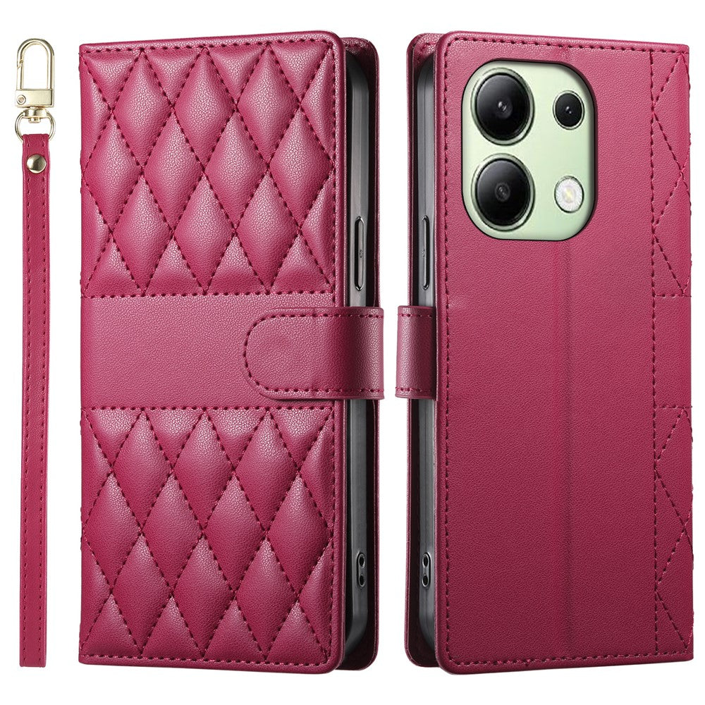For Xiaomi Redmi Note 13 4G Case Rhombus Stitching Wallet Stand Leather Phone Cover with Long  /  Short Strap
