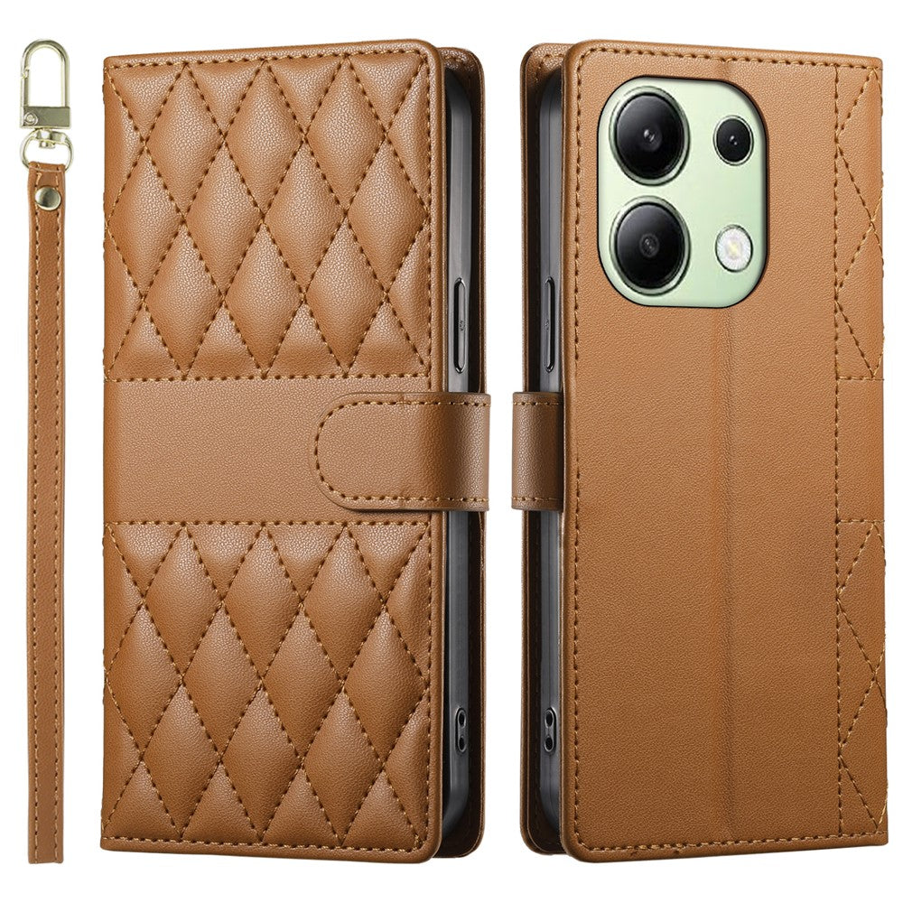 For Xiaomi Redmi Note 13 4G Case Rhombus Stitching Wallet Stand Leather Phone Cover with Long  /  Short Strap