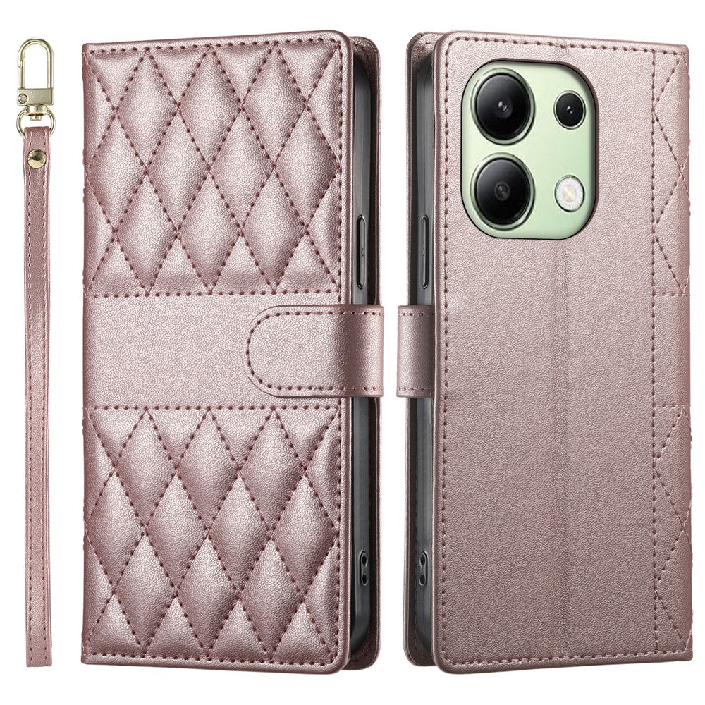 For Xiaomi Redmi Note 13 4G Case Rhombus Stitching Wallet Stand Leather Phone Cover with Long  /  Short Strap