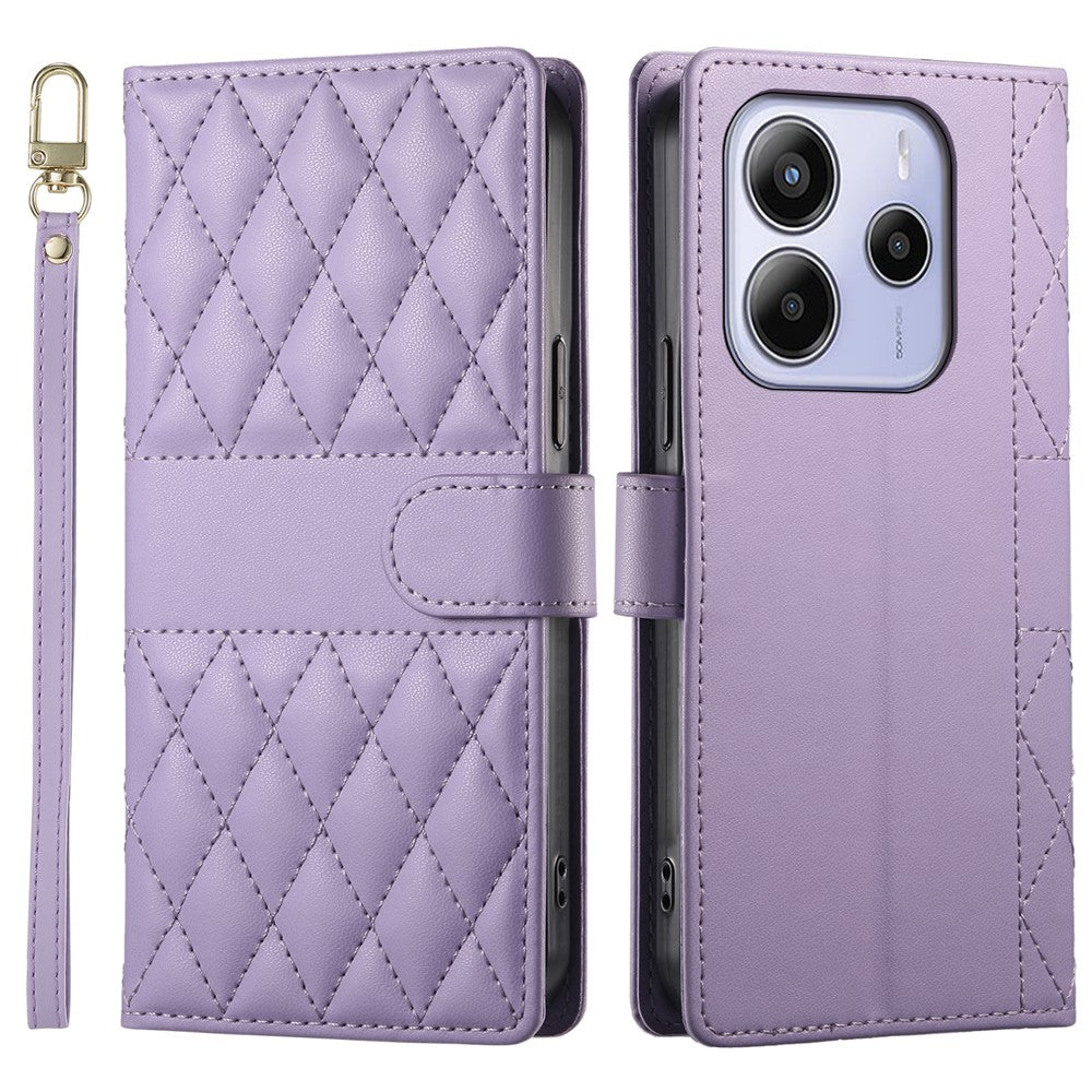 For Xiaomi Redmi Note 14 4G (163.25mm) Case Rhombus Stitching Wallet Stand Leather Phone Cover with Long  /  Short Strap