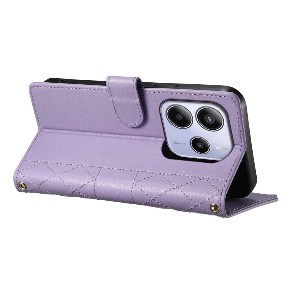 For Xiaomi Redmi Note 14 4G (163.25mm) Case Rhombus Stitching Wallet Stand Leather Phone Cover with Long  /  Short Strap