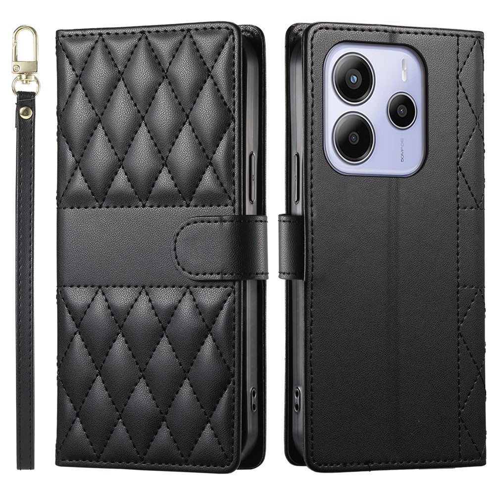 For Xiaomi Redmi Note 14 4G (163.25mm) Case Rhombus Stitching Wallet Stand Leather Phone Cover with Long  /  Short Strap