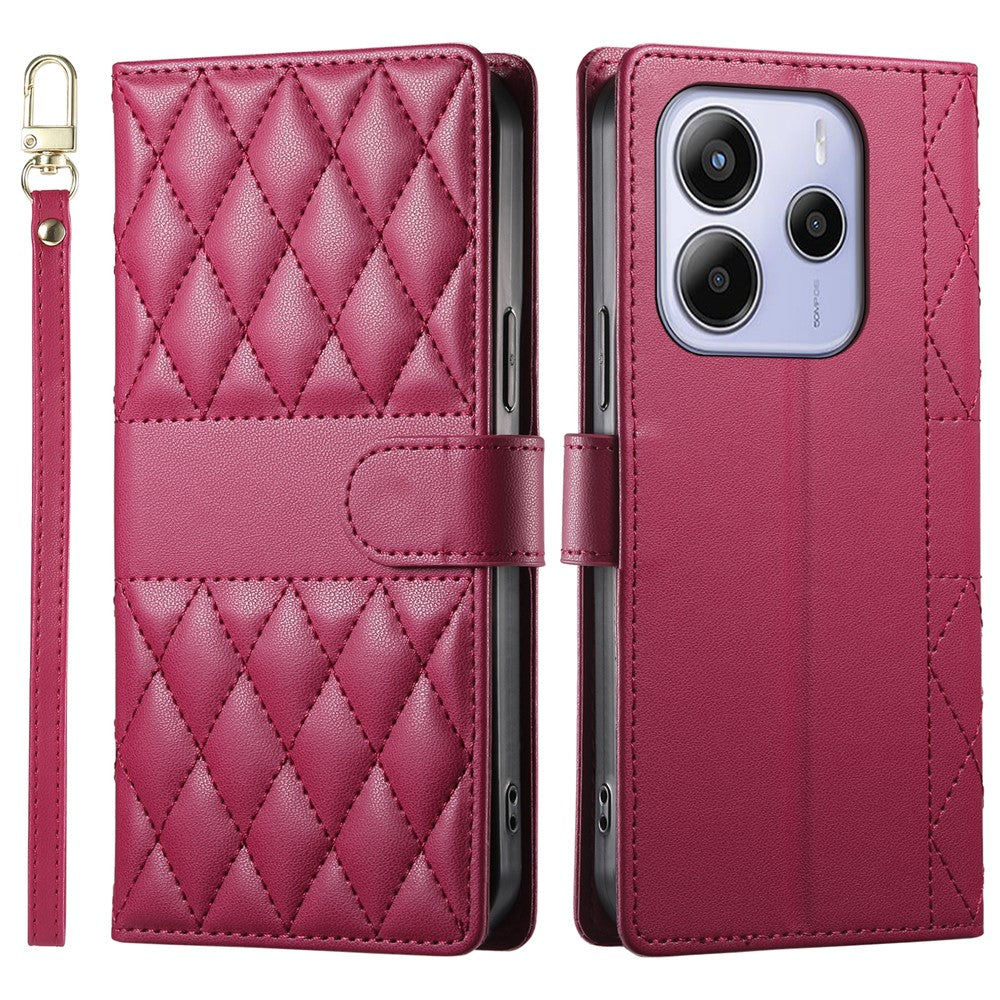 For Xiaomi Redmi Note 14 4G (163.25mm) Case Rhombus Stitching Wallet Stand Leather Phone Cover with Long  /  Short Strap