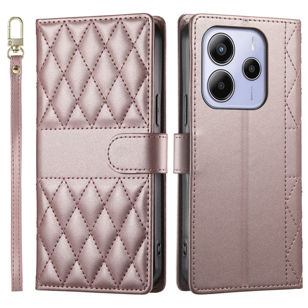 For Xiaomi Redmi Note 14 4G (163.25mm) Case Rhombus Stitching Wallet Stand Leather Phone Cover with Long  /  Short Strap