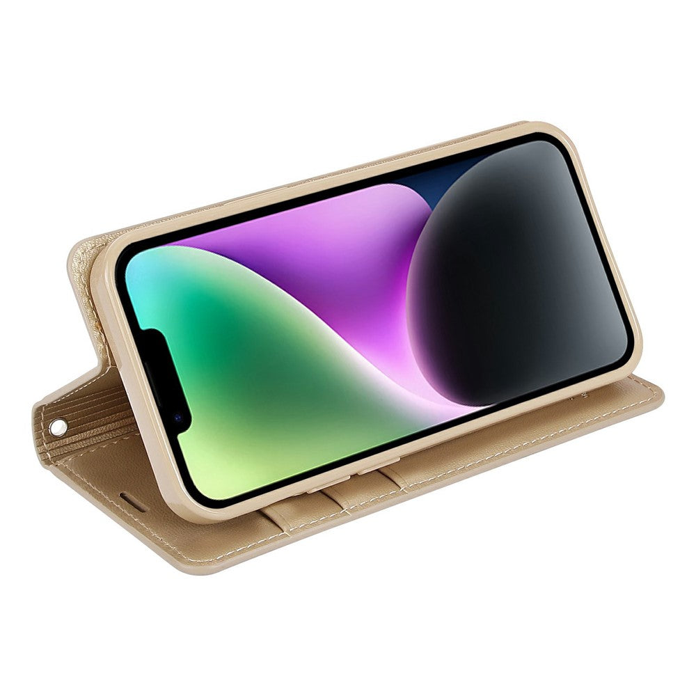 HANMAN Minuo Series Wallet Phone Case for iPhone 14, PU Leather + TPU Foldable Stand Magnetic Auto-absorbed Cover