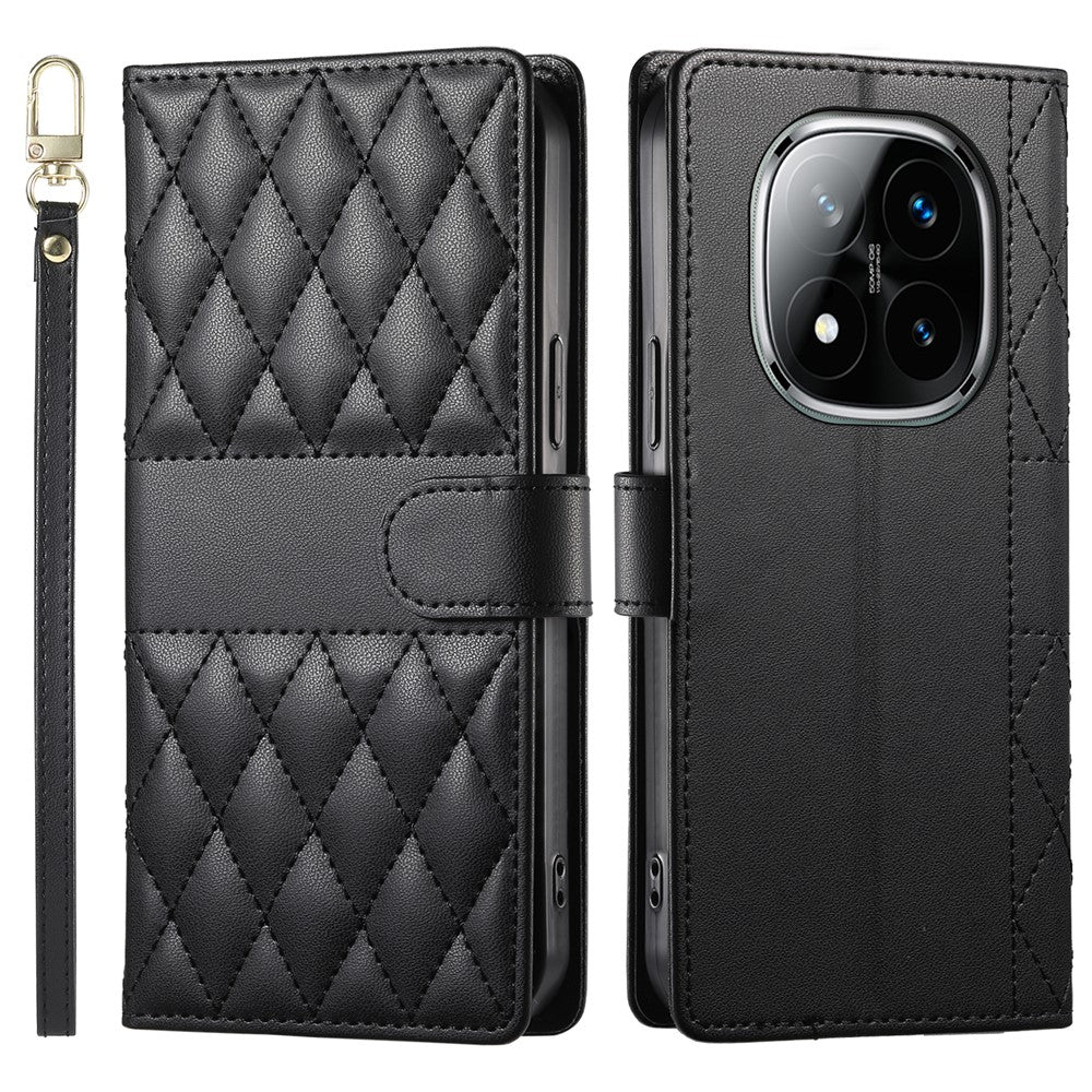 For Xiaomi Redmi Note 14 Pro+ 5G Case Rhombus Stitching Wallet Stand Leather Phone Cover with Long  /  Short Strap