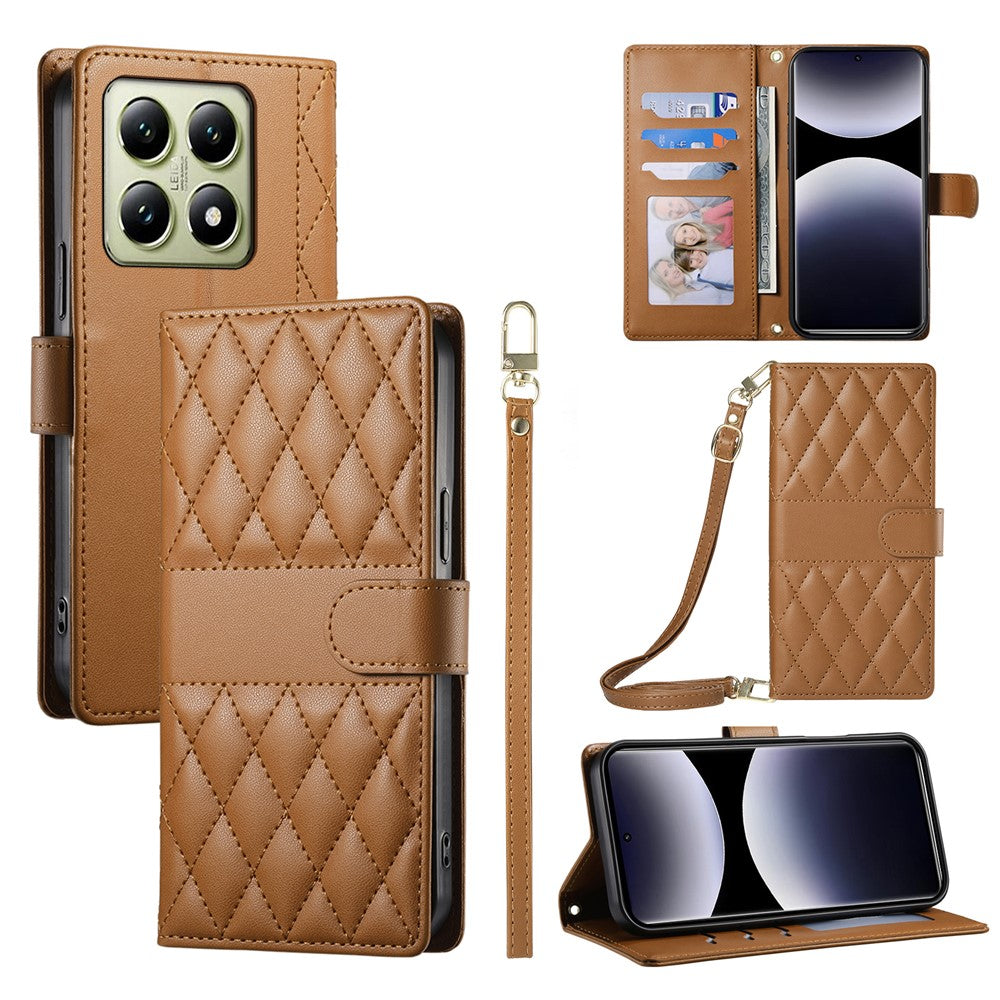 For Xiaomi 14T Case Rhombus Stitching Wallet Stand Leather Phone Cover with Long  /  Short Strap