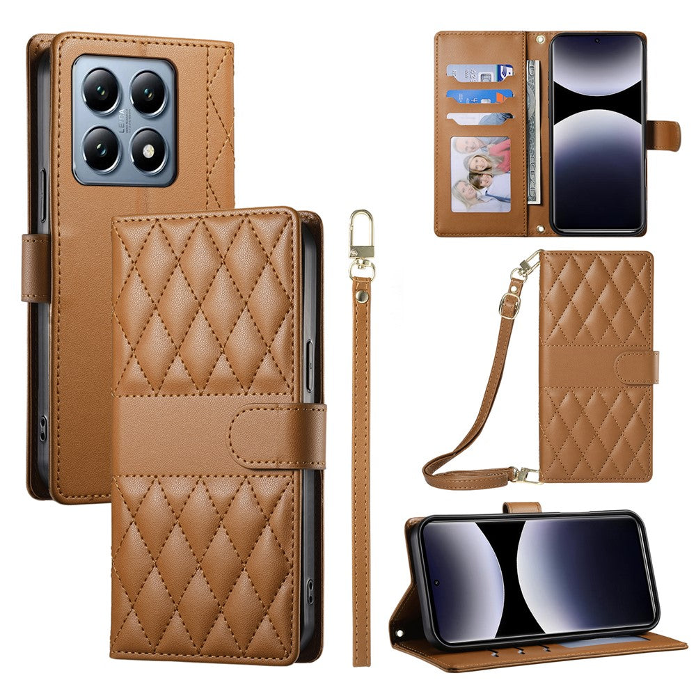 Xiaomi 14T Pro-skal med rhombus-sömmar, plånboksställ, lädermobilskal med lång/kort rem