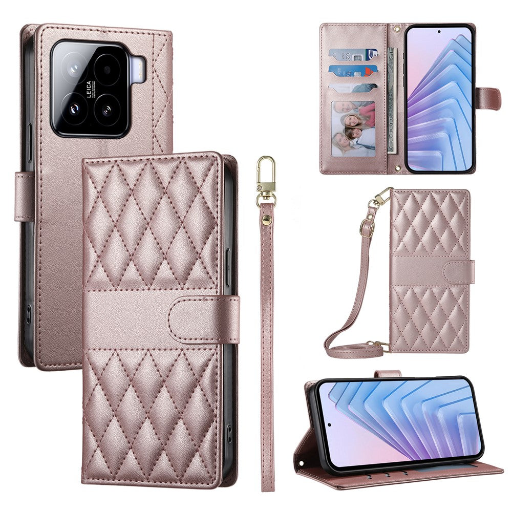 For Xiaomi 15 Case Rhombus Stitching Wallet Stand Leather Phone Cover with Long  /  Short Strap