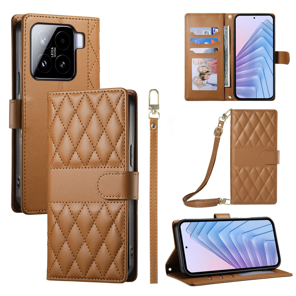 For Xiaomi 15 Case Rhombus Stitching Wallet Stand Leather Phone Cover with Long  /  Short Strap
