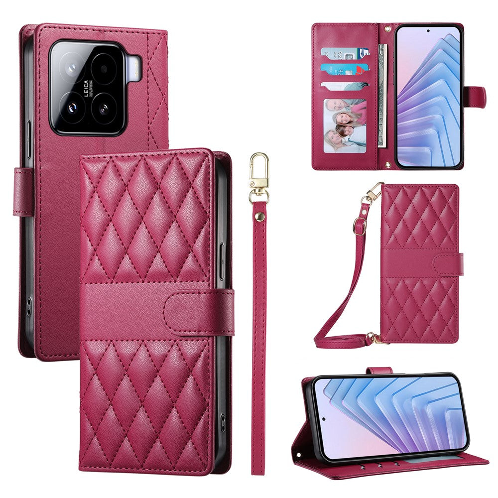 For Xiaomi 15 Case Rhombus Stitching Wallet Stand Leather Phone Cover with Long  /  Short Strap