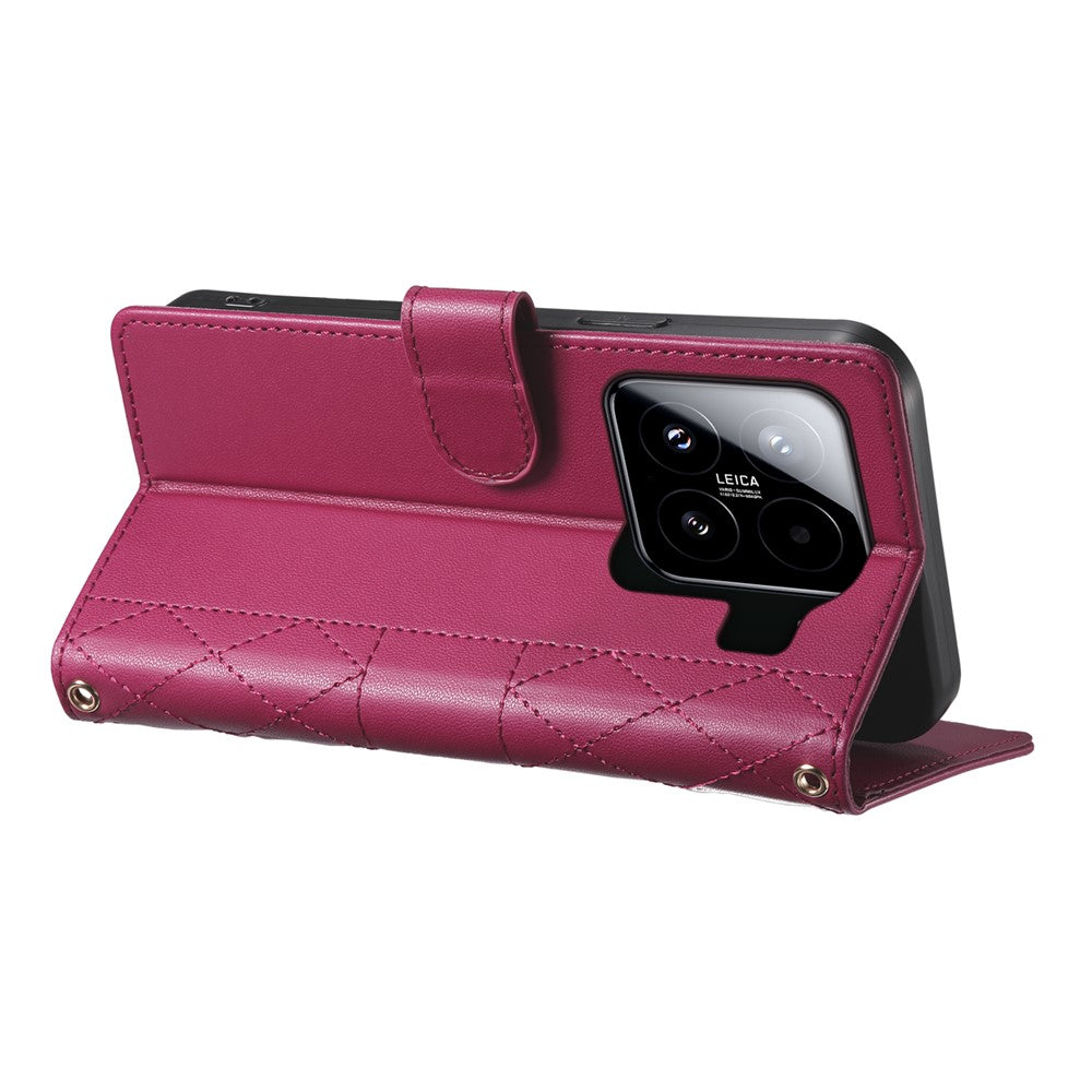 For Xiaomi 15 Case Rhombus Stitching Wallet Stand Leather Phone Cover with Long  /  Short Strap