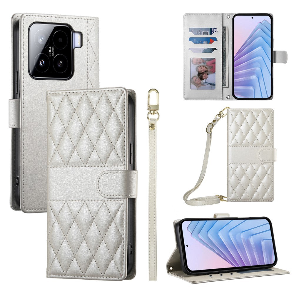For Xiaomi 15 Case Rhombus Stitching Wallet Stand Leather Phone Cover with Long  /  Short Strap