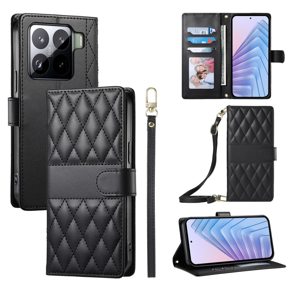 For Xiaomi 15 Pro Case Rhombus Stitching Wallet Stand Leather Phone Cover with Long  /  Short Strap
