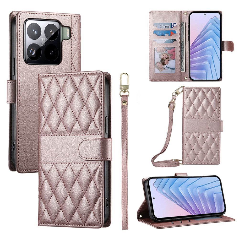 For Xiaomi 15 Pro Case Rhombus Stitching Wallet Stand Leather Phone Cover with Long  /  Short Strap