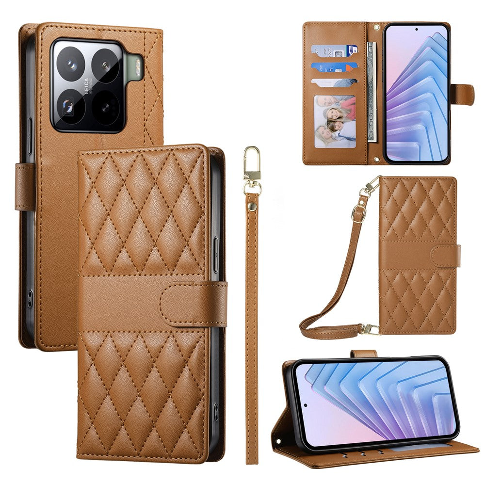 For Xiaomi 15 Pro Case Rhombus Stitching Wallet Stand Leather Phone Cover with Long  /  Short Strap