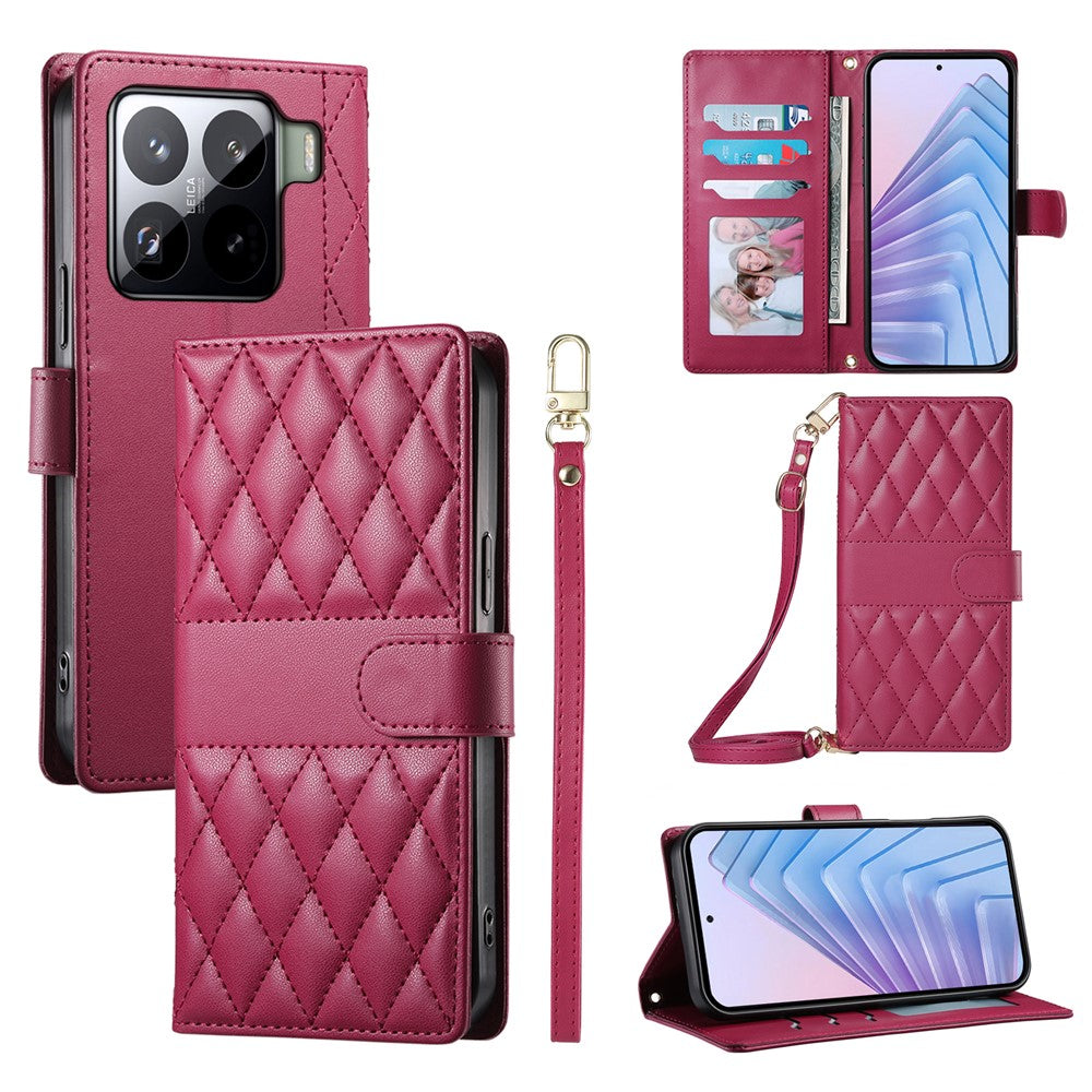 For Xiaomi 15 Pro Case Rhombus Stitching Wallet Stand Leather Phone Cover with Long  /  Short Strap