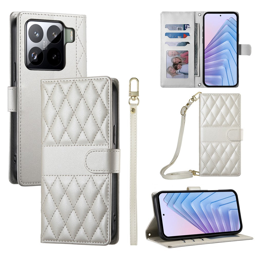 For Xiaomi 15 Pro Case Rhombus Stitching Wallet Stand Leather Phone Cover with Long  /  Short Strap